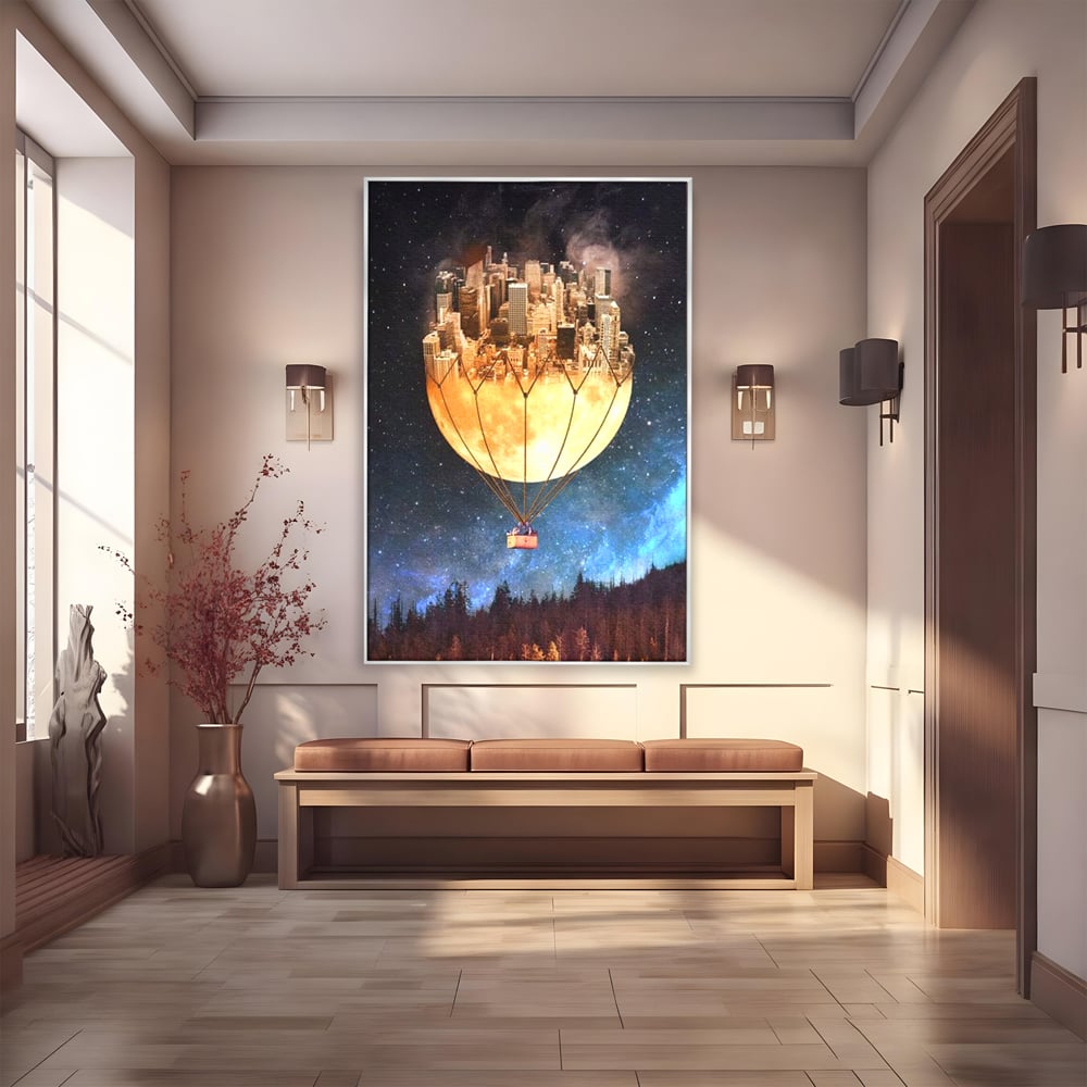 Tablou canvas cu ilustratie cu oras pe luna balon, in rama de aluminiu argintiu